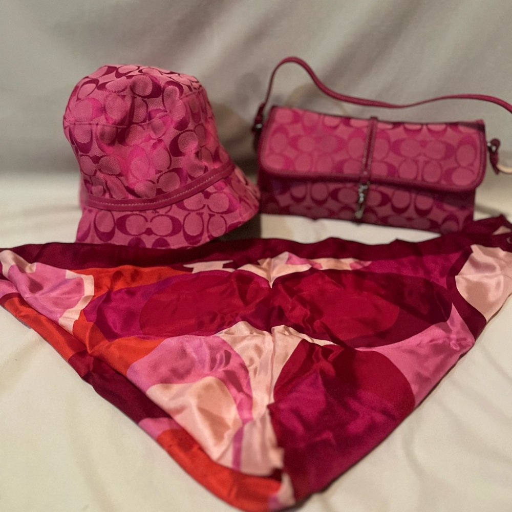 Vintage Coach Pink and Red Women's Purse, Hat and Scarf Set